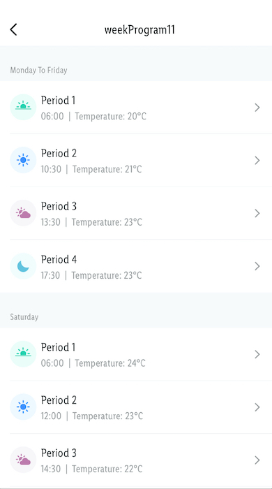 Interface de l'application smartphone pour tête thermostatique connectée Zigbee Moes - Programmation des horaires