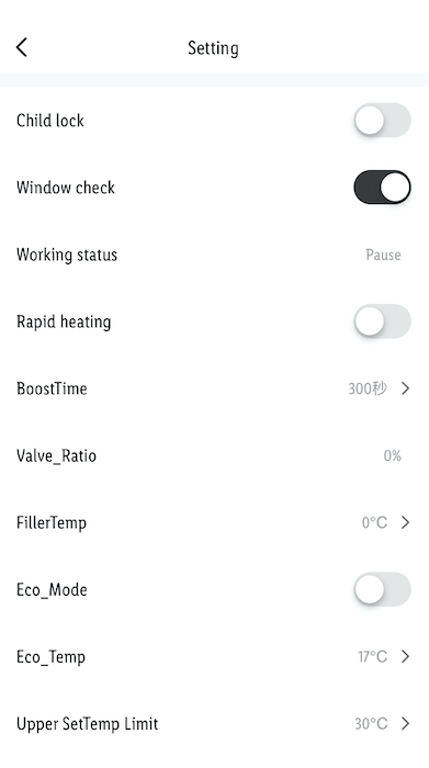 Interface de l'application smartphone pour tête thermostatique connectée Zigbee Moes - Réglages divers